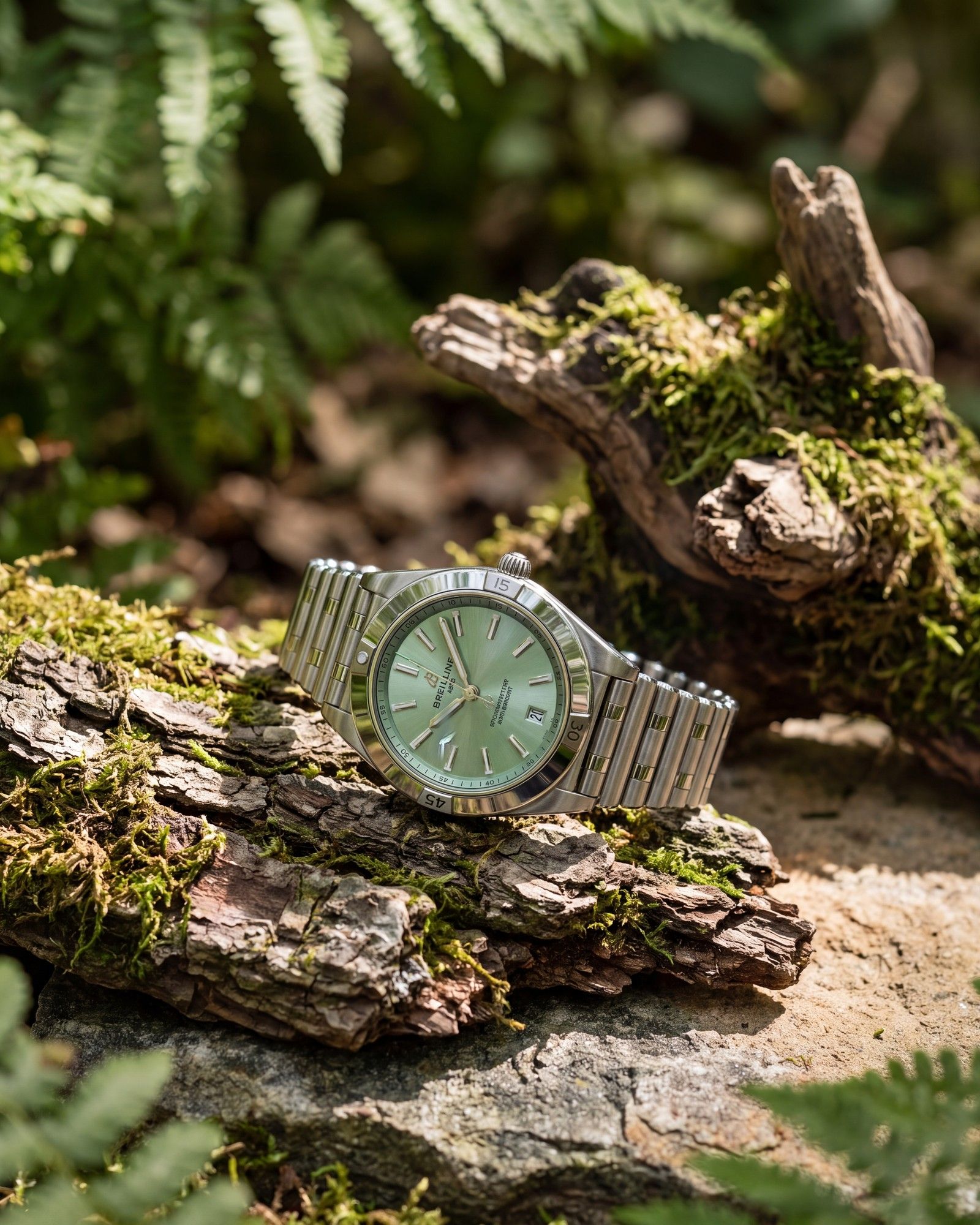 The same Breitling watch on moss-covered wood between ferns in forest light; the original dial was kept unchanged