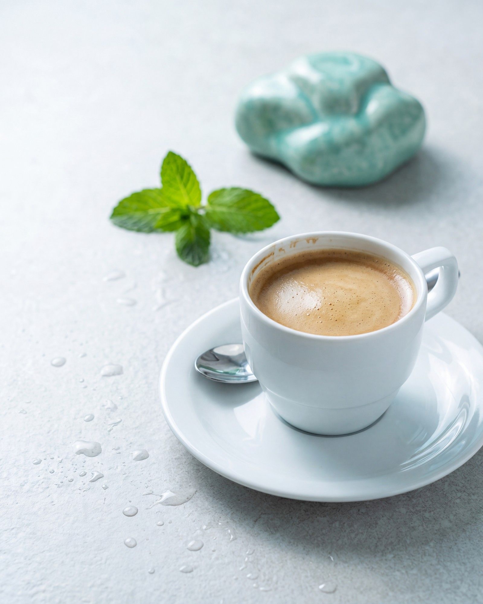 The same cup and saucer on a light surface with water droplets, a mint leaf and a turquoise stone in fresh light; cup shape and colour unchanged