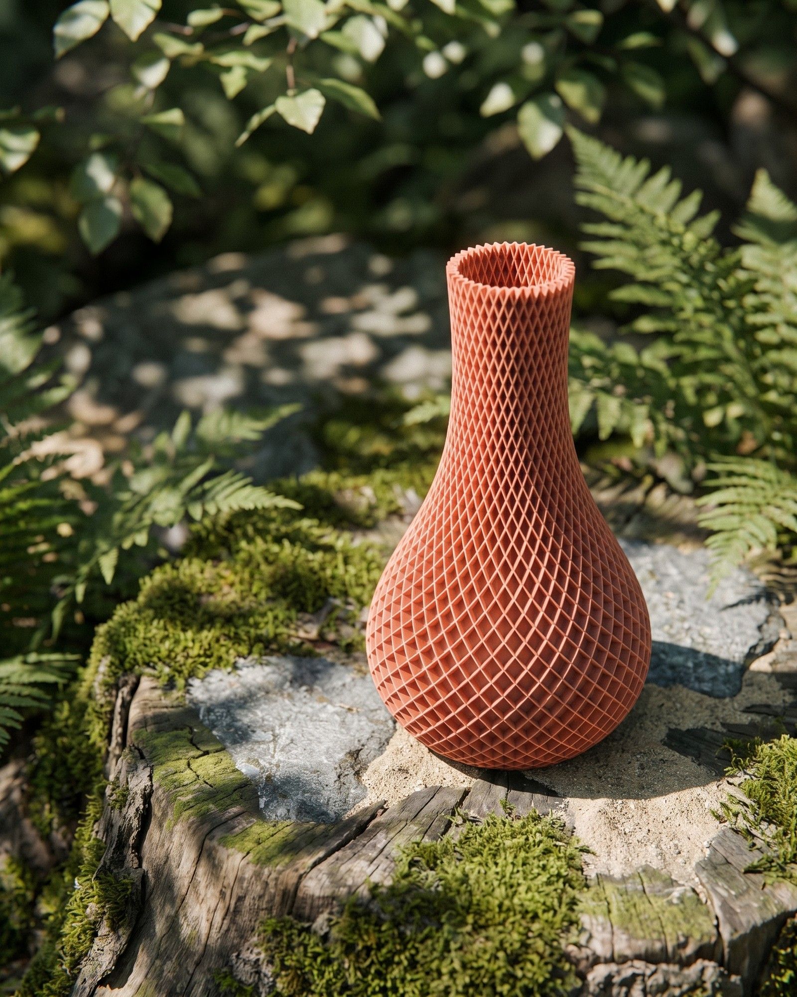 Dieselbe Vase auf einem moosbewachsenen Baumstumpf zwischen Farnen im Sonnenlicht; Form, Rautenmuster und Farbe unverändert